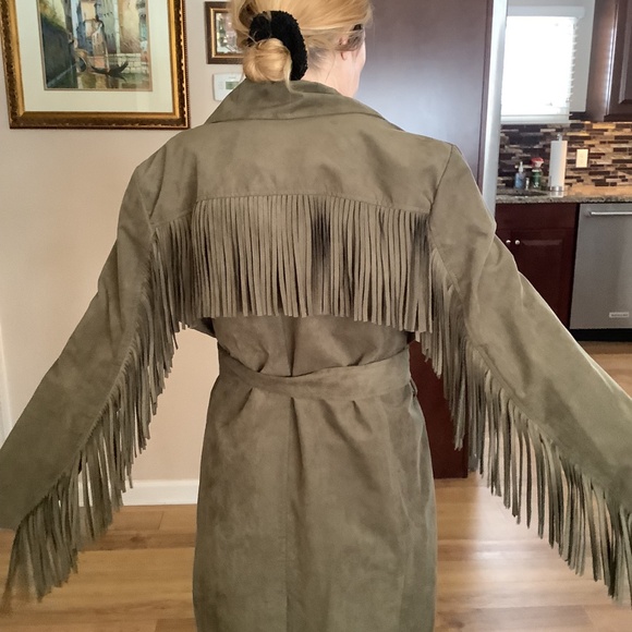 New Faux Suede Knee Length Coat/w Fringe/belt - Picture 2 of 4
